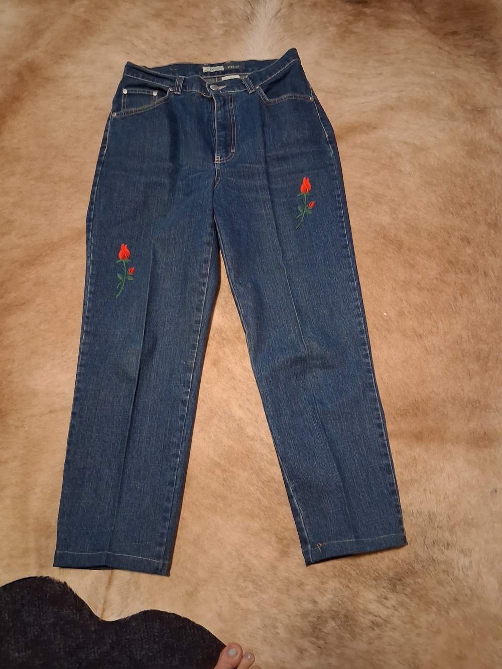 St. John's Bay Dark Blue Straight-Leg Jeans with Red Floral Embroidery